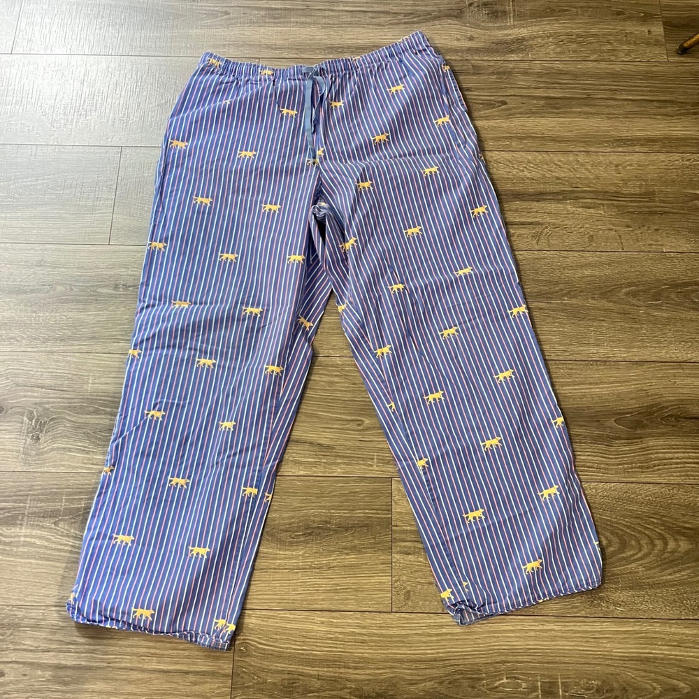 LL Bean Mens Pajama Pants Blue Stripe Golden Retriever Dog Cotton L 284130